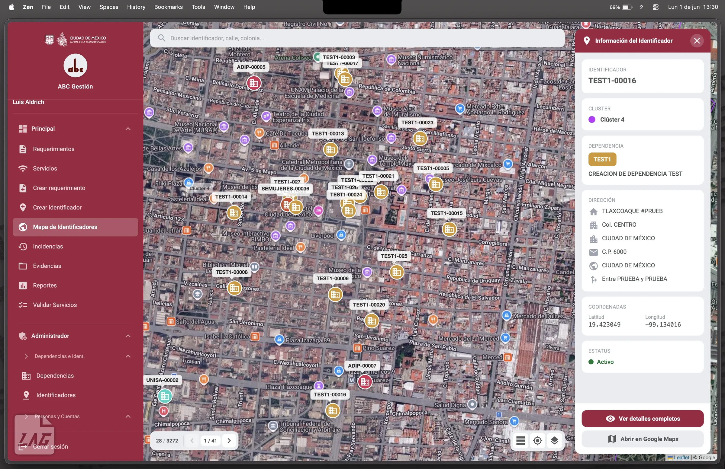 Mapa de identificadores de servicio con la ficha de uno abierto