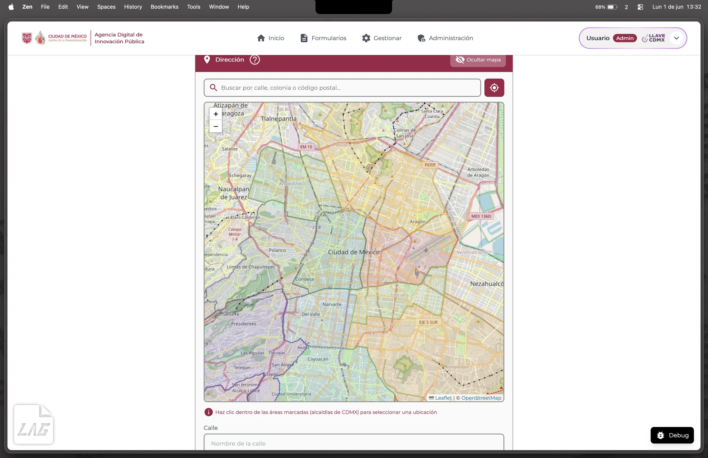 Campo de dirección con mapa para marcar el domicilio
