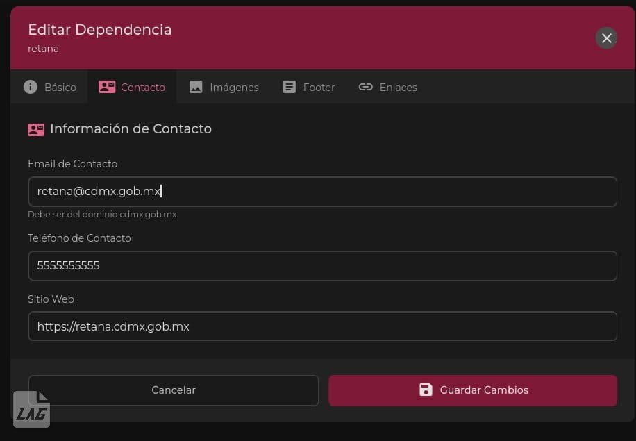 Datos de contacto de una dependencia