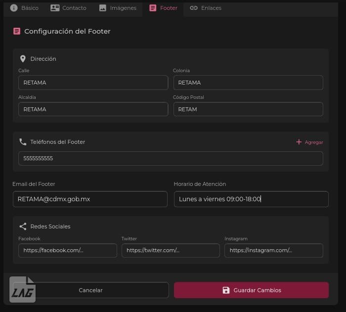 Configuración del pie de página de la dependencia