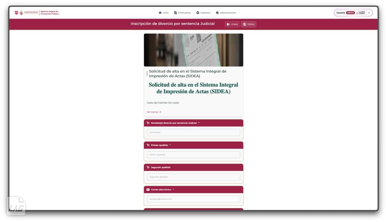 Un trámite publicado del Registro Civil, tal como lo llena el ciudadano