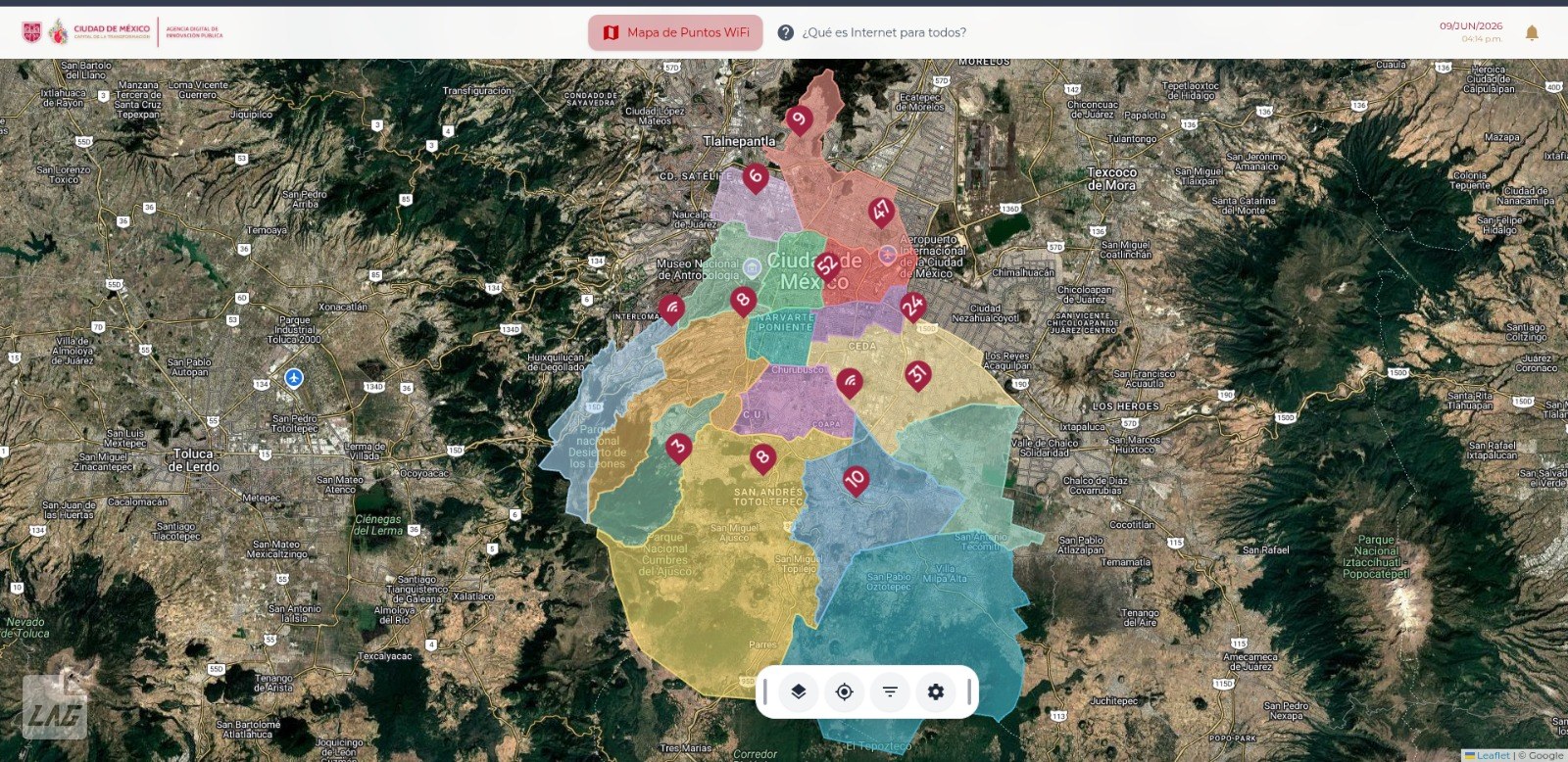 Mapa de puntos WiFi gratuitos de la Ciudad de México por alcaldía